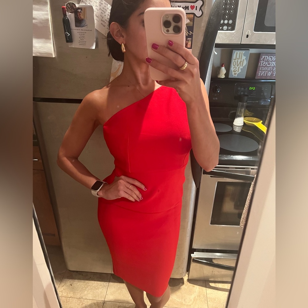 Red one shouldered midi dress